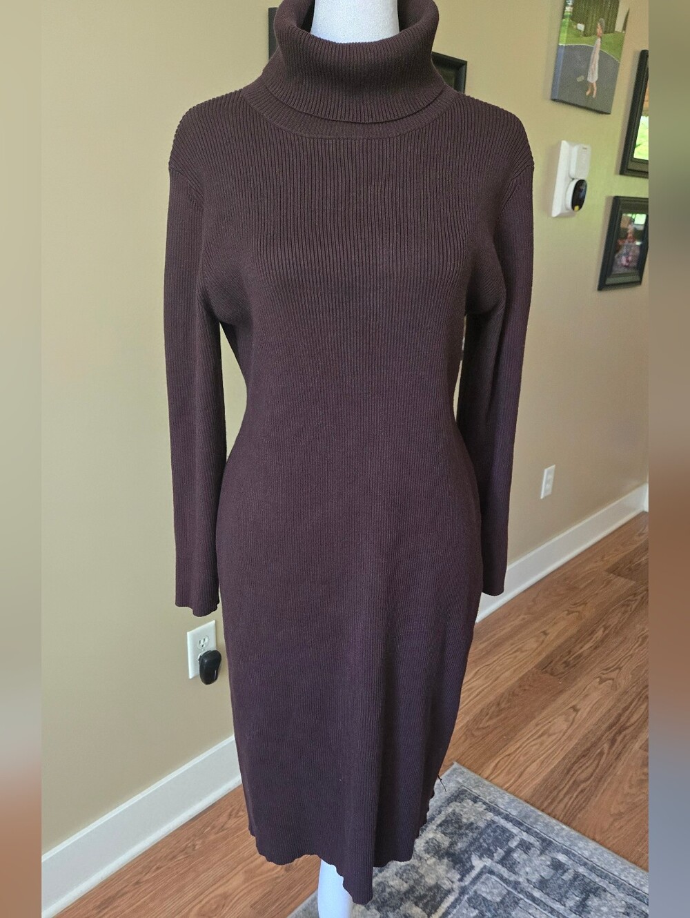 Nina Leonard Long Sleeve Ribbed Turtleneck Dress in Plum Brown